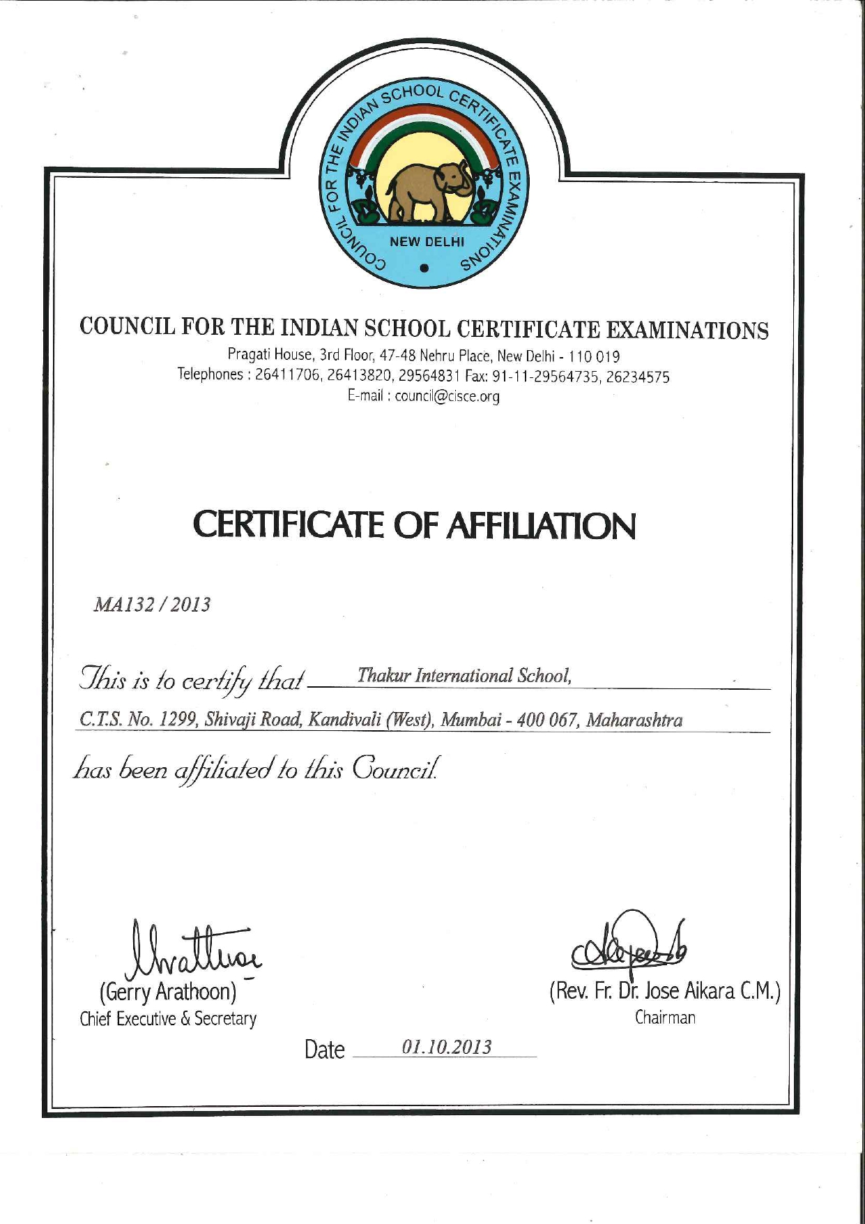 ICSE Affiliation Certificate